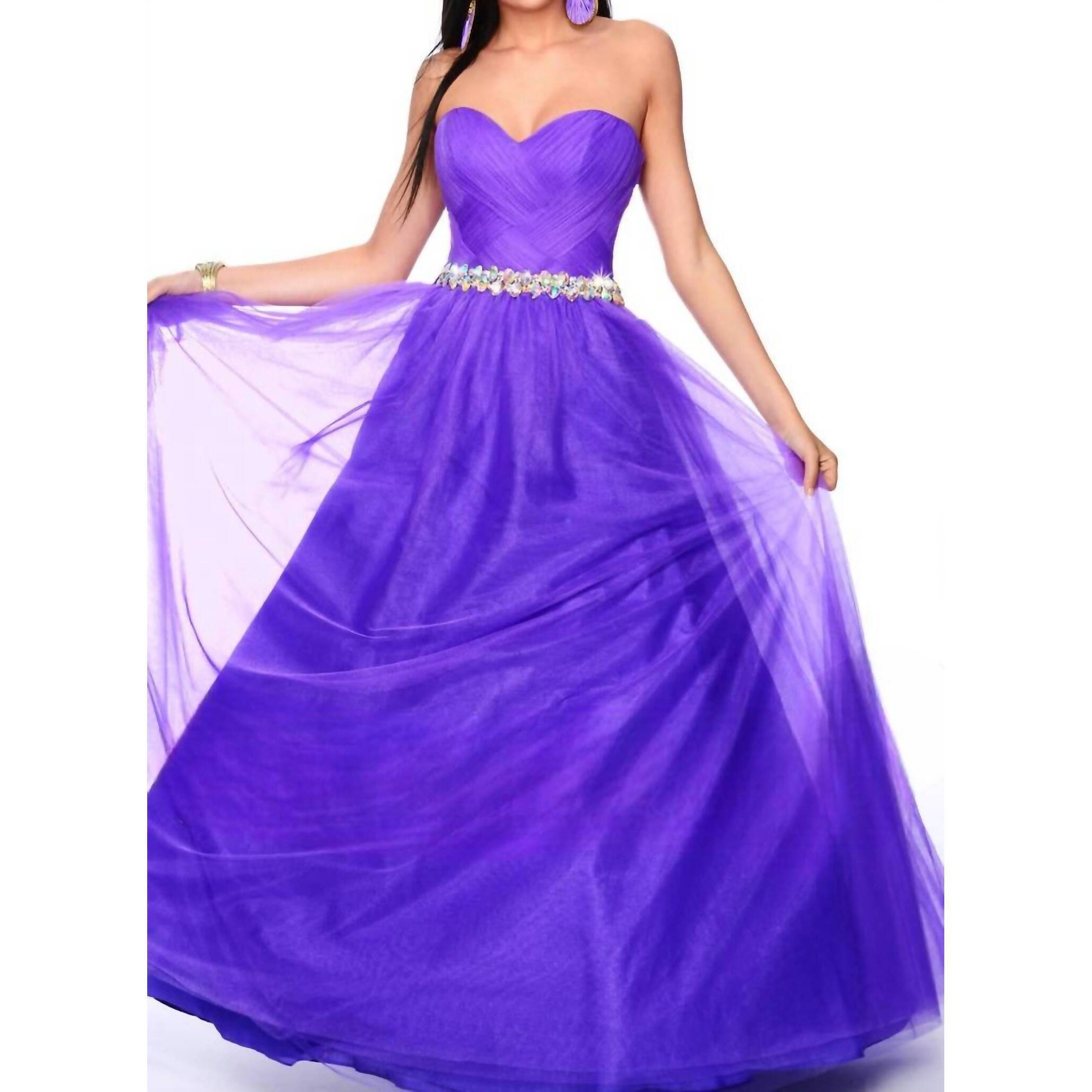 New Precious Formals Shimmery Waistline Beadwork Strapless Ballgown In Purple Pa